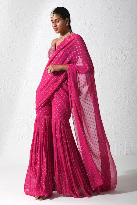 Rishi and Vibhuti Pink Silk, Georgette Zari, Sequins Halter Teaser Gharara Saree With Bralette Online at Aza Fashions Rishi and Vibhuti_Pink Silk, Georgette Zari, Sequins Halter Teaser Gharara Saree With Bralette _Online_at_Aza_Fashions