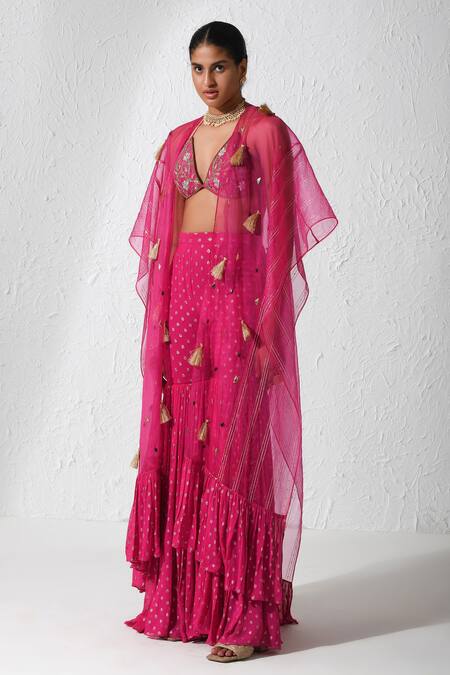 Rishi and Vibhuti Pink Georgette, Silk Tassels, Stones, Frosting Detail Cape And Flared Pant Set Online at Aza Fashions Rishi and Vibhuti_Pink Georgette, Silk Tassels, Stones, Frosting Detail Cape And Flared Pant Set _Online_at_Aza_Fashions