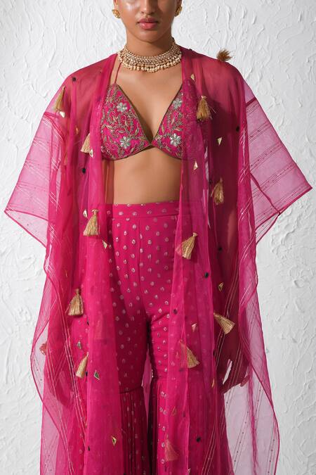 Buy Rishi and Vibhuti Pink Georgette, Silk Tassels, Stones, Frosting Detail Cape And Flared Pant Set Online at Aza Fashions Buy_Rishi and Vibhuti_Pink Georgette, Silk Tassels, Stones, Frosting Detail Cape And Flared Pant Set _Online_at_Aza_Fashions