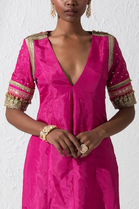 Rishi and Vibhuti_Pink Silk Zari, Sequins, Embroidery V-neck Acrine Kurta And Pant Set _Online_at_Aza_Fashions