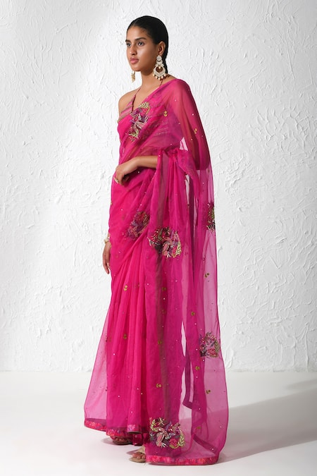 Rishi and Vibhuti Pink Organza, Silk Sequins, Beads Embroidered Saree With Bralette Online at Aza Fashions Rishi and Vibhuti_Pink Organza, Silk Sequins, Beads Embroidered Saree With Bralette _Online_at_Aza_Fashions