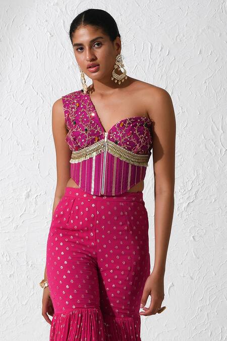 Rishi and Vibhuti_Pink Net, Georgette Zari, Embroidery One Burnt Pepper Corset And Flared Pant Set _Online_at_Aza_Fashions