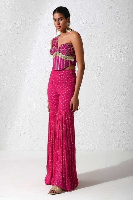Buy_Rishi and Vibhuti_Pink Net, Georgette Zari, Embroidery One Burnt Pepper Corset And Flared Pant Set _Online_at_Aza_Fashions