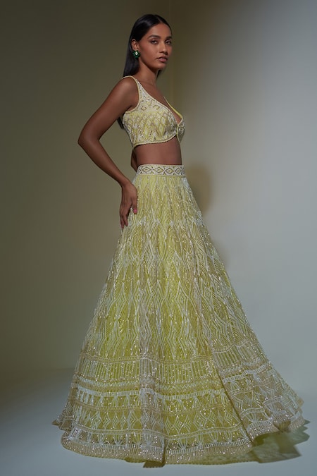 Ritika Mirchandani_Green Net, Crepe And Double Georgette Thread, Bead, Diamond Pattern Lehenga Set _Online_at_Aza_Fashions
