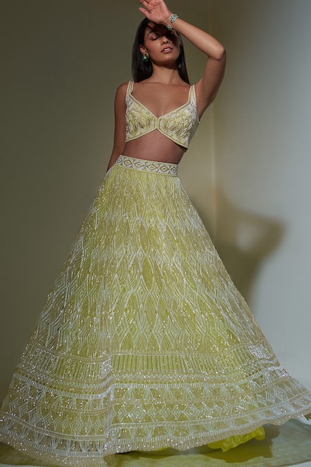 Buy_Ritika Mirchandani_Green Net, Crepe And Double Georgette Thread, Bead, Diamond Pattern Lehenga Set _Online_at_Aza_Fashions