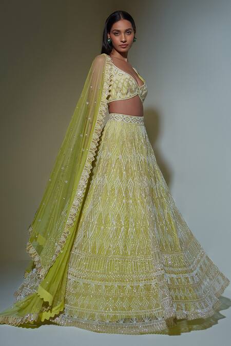 Shop_Ritika Mirchandani_Green Net, Crepe And Double Georgette Thread, Bead, Diamond Pattern Lehenga Set _Online_at_Aza_Fashions