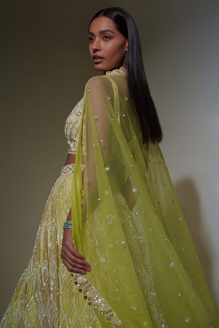 Ritika Mirchandani_Green Net, Crepe And Double Georgette Thread, Bead, Diamond Pattern Lehenga Set _at_Aza_Fashions