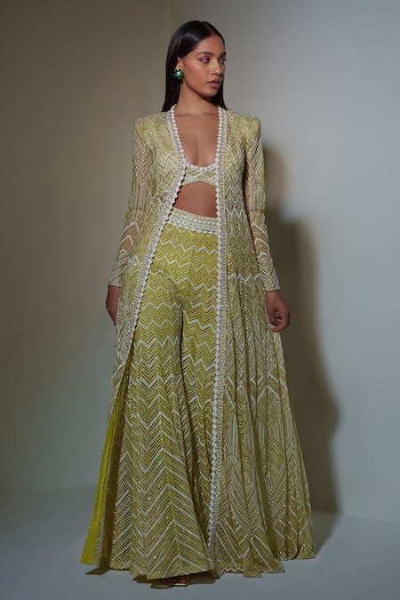 Ritika Mirchandani_Green Net, Crepe And Double Georgette Embroidered Long Jacket & Sharara Set _at_Aza_Fashions