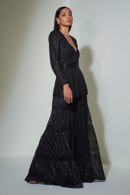 Ritika Mirchandani_Black Net, Crepe And Double Georgette Thread, Embroidered Kurta & Sharara Set _Online_at_Aza_Fashions