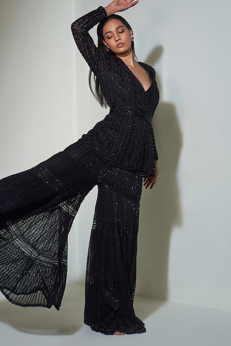 Buy_Ritika Mirchandani_Black Net, Crepe And Double Georgette Thread, Embroidered Kurta & Sharara Set _Online_at_Aza_Fashions