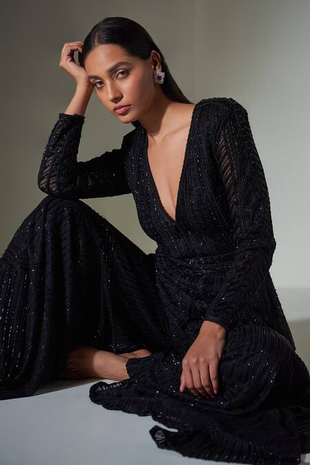 Shop_Ritika Mirchandani_Black Net, Crepe And Double Georgette Thread, Embroidered Kurta & Sharara Set _Online_at_Aza_Fashions