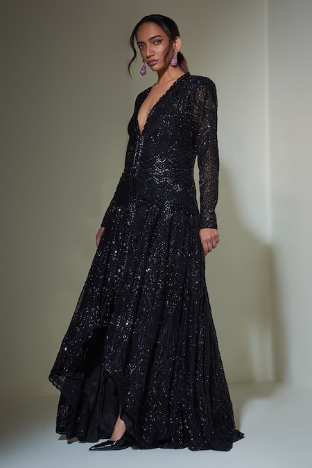 Buy_Ritika Mirchandani_Black Net, Crepe And Double Georgette Resham, High Low Hem Anarkali & Sharara Set _Online_at_Aza_Fashions