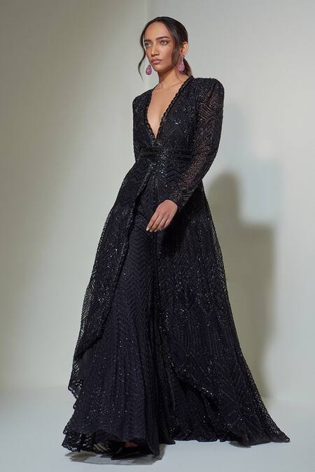 Ritika Mirchandani_Black Net, Crepe And Double Georgette Resham, High Low Hem Anarkali & Sharara Set _at_Aza_Fashions