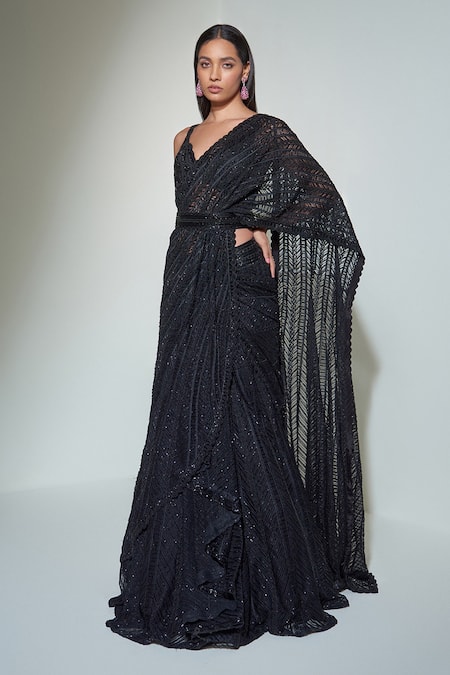 Buy_Ritika Mirchandani_Black Net, Crepe And Double Georgette Thread, Lehenga Saree With Strappy Bustier _Online_at_Aza_Fashions