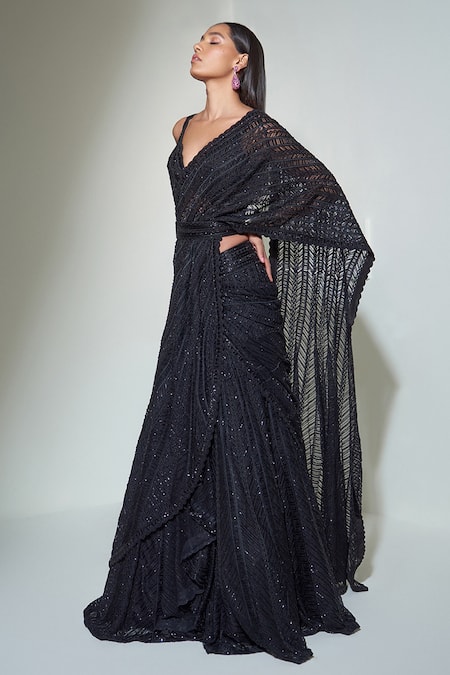 Shop_Ritika Mirchandani_Black Net, Crepe And Double Georgette Thread, Lehenga Saree With Strappy Bustier _Online_at_Aza_Fashions