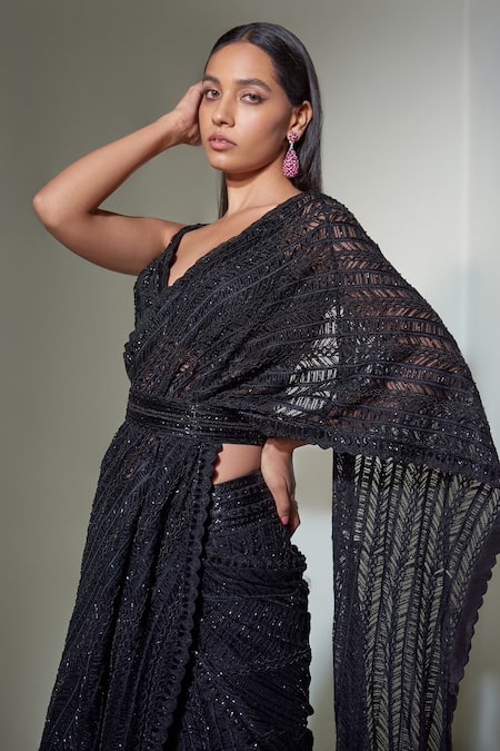Ritika Mirchandani_Black Net, Crepe And Double Georgette Thread, Lehenga Saree With Strappy Bustier _at_Aza_Fashions