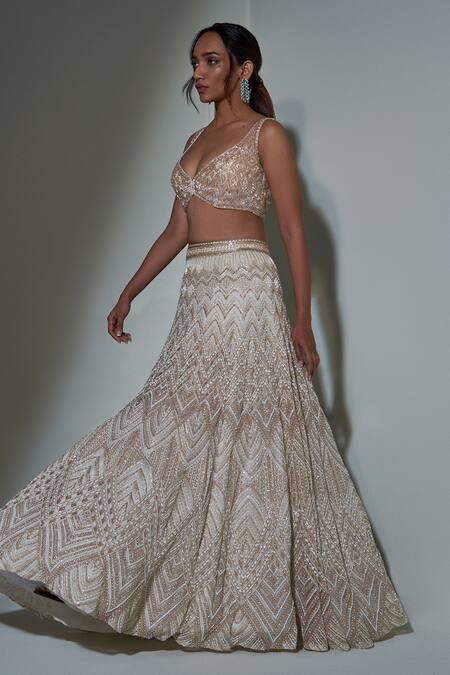 Ritika Mirchandani_Gold Net, Crepe And Double Georgette Resham, Thread, Bead, Embroidered Lehenga Set _Online_at_Aza_Fashions