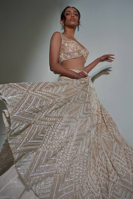 Buy_Ritika Mirchandani_Gold Net, Crepe And Double Georgette Resham, Thread, Bead, Embroidered Lehenga Set _Online_at_Aza_Fashions