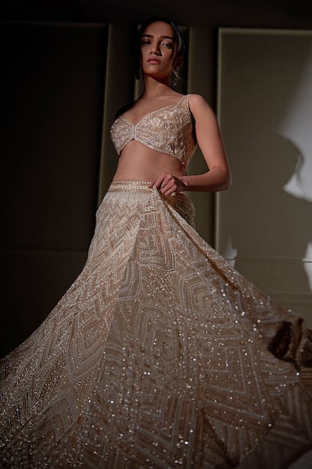 Shop_Ritika Mirchandani_Gold Net, Crepe And Double Georgette Resham, Thread, Bead, Embroidered Lehenga Set _Online_at_Aza_Fashions