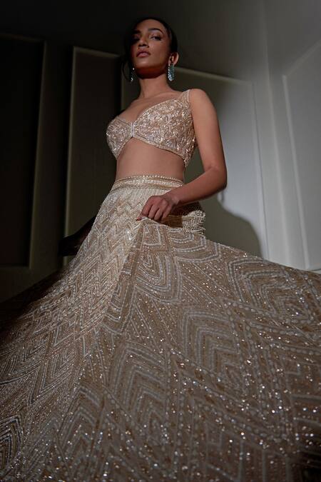 Ritika Mirchandani_Gold Net, Crepe And Double Georgette Resham, Thread, Bead, Embroidered Lehenga Set _at_Aza_Fashions