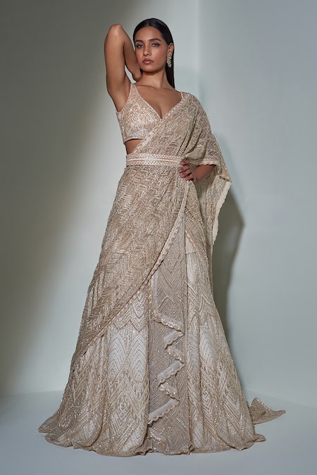 Ritika Mirchandani_Gold Net, Crepe And Double Georgette Resham, Embroidered Lehenga Saree With Blouse _Online_at_Aza_Fashions