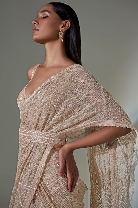 Buy_Ritika Mirchandani_Gold Net, Crepe And Double Georgette Resham, Embroidered Lehenga Saree With Blouse _Online_at_Aza_Fashions
