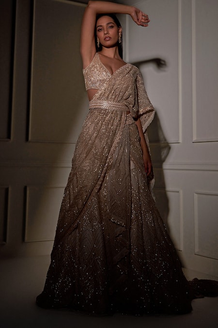 Shop_Ritika Mirchandani_Gold Net, Crepe And Double Georgette Resham, Embroidered Lehenga Saree With Blouse _Online_at_Aza_Fashions