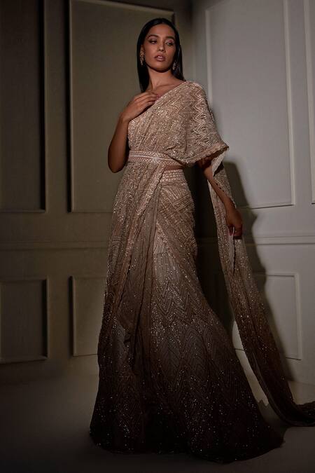 Ritika Mirchandani_Gold Net, Crepe And Double Georgette Resham, Embroidered Lehenga Saree With Blouse _at_Aza_Fashions