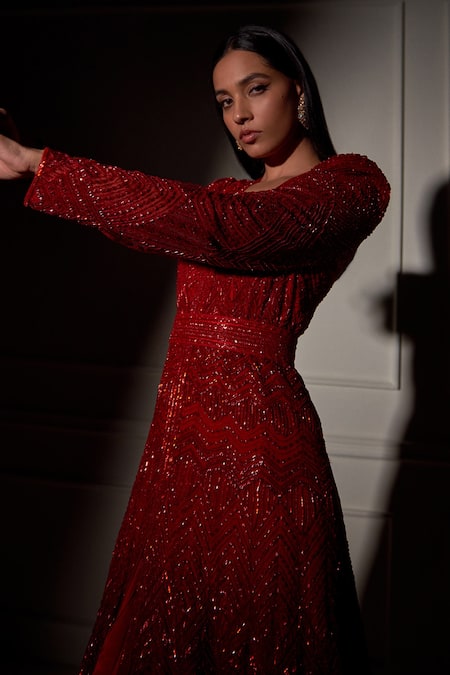 Ritika Mirchandani Red Net, Crepe, Cupro Organza And Double Embroidered Anarkali & Lehenga Set Online at Aza Fashions Ritika Mirchandani_Red Net, Crepe, Cupro Organza And Double Embroidered Anarkali & Lehenga Set _Online_at_Aza_Fashions