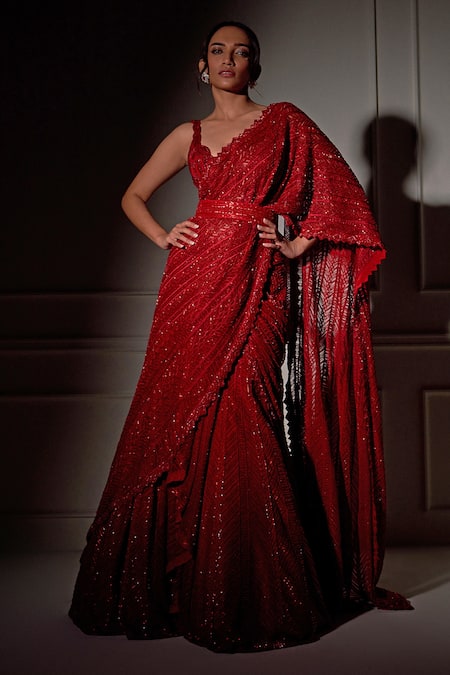 Ritika Mirchandani Red Net, Crepe And Double Georgette Embroidered Lehenga Saree With Strappy Bustier Online at Aza Fashions Ritika Mirchandani_Red Net, Crepe And Double Georgette Embroidered Lehenga Saree With Strappy Bustier _Online_at_Aza_Fashions