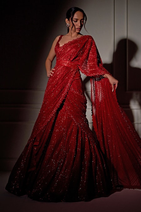 Buy Ritika Mirchandani Red Net, Crepe And Double Georgette Embroidered Lehenga Saree With Strappy Bustier Online at Aza Fashions Buy_Ritika Mirchandani_Red Net, Crepe And Double Georgette Embroidered Lehenga Saree With Strappy Bustier _Online_at_Aza_Fashions