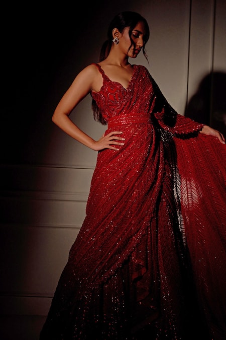Shop Ritika Mirchandani Red Net, Crepe And Double Georgette Embroidered Lehenga Saree With Strappy Bustier Online at Aza Fashions Shop_Ritika Mirchandani_Red Net, Crepe And Double Georgette Embroidered Lehenga Saree With Strappy Bustier _Online_at_Aza_Fashions