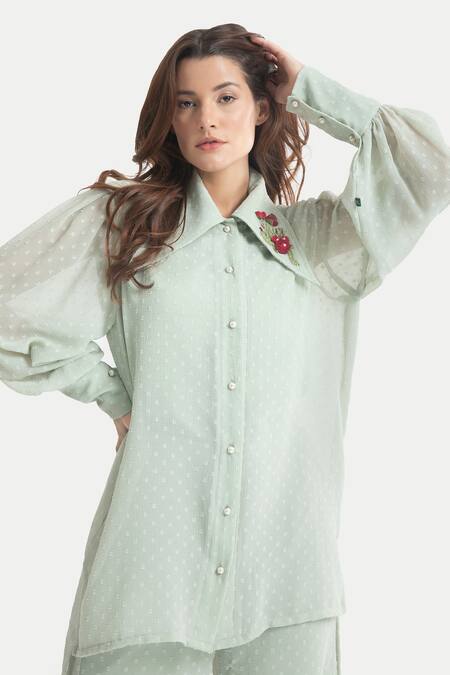 House Of Thl_Green Chiffon Dobby Aari Work, Thread Work, Pearl Rosa And Trouser Set _Online_at_Aza_Fashions