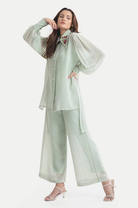 Buy_House Of Thl_Green Chiffon Dobby Aari Work, Thread Work, Pearl Rosa And Trouser Set _Online_at_Aza_Fashions