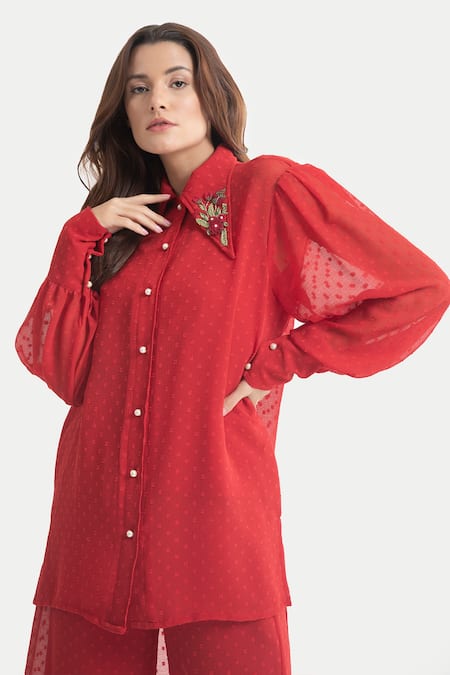 House Of Thl_Red Chiffon Dobby Aari Work, Thread Work, Pearl Rosa And Trouser Set _Online_at_Aza_Fashions