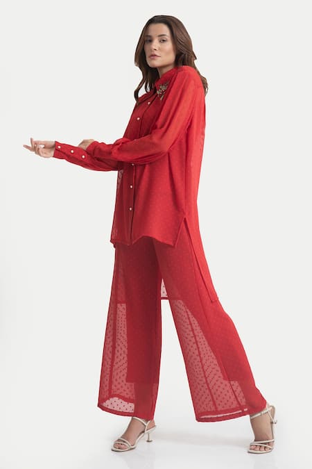 Buy_House Of Thl_Red Chiffon Dobby Aari Work, Thread Work, Pearl Rosa And Trouser Set _Online_at_Aza_Fashions