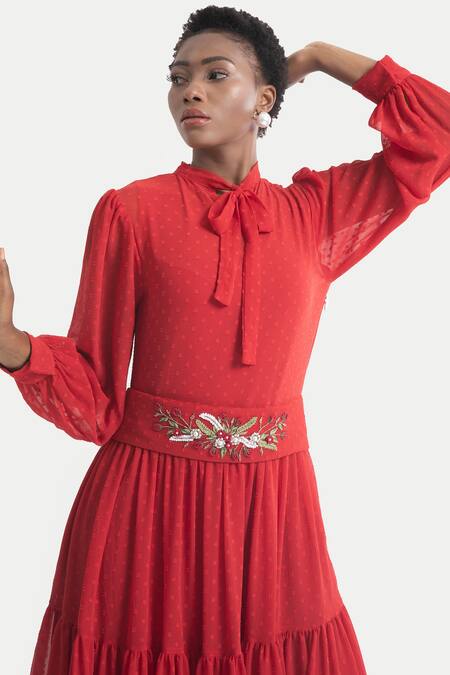 House Of Thl_Red Chiffon Dobby Aari , Thread Rosalia Tiered Maxi Dress With Belt _Online_at_Aza_Fashions