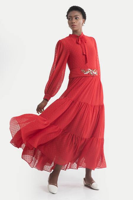 Buy_House Of Thl_Red Chiffon Dobby Aari , Thread Rosalia Tiered Maxi Dress With Belt _Online_at_Aza_Fashions