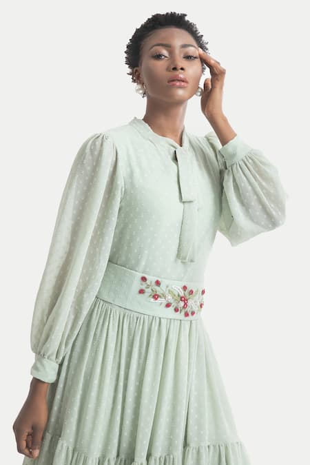 House Of Thl_Green Chiffon Dobby Aari Work, Thread Rosalia Maxi Dress With Embellished Belt _Online_at_Aza_Fashions