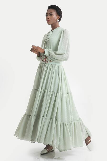 Buy_House Of Thl_Green Chiffon Dobby Aari Work, Thread Rosalia Maxi Dress With Embellished Belt _Online_at_Aza_Fashions