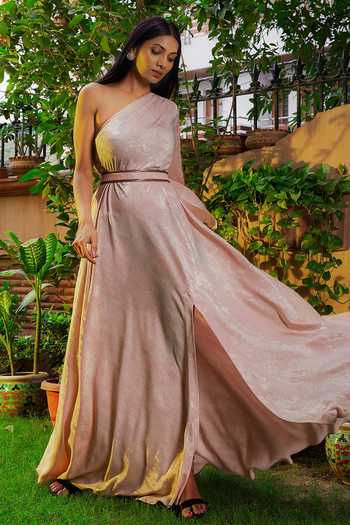 Omana By Ranjana Bothra_Gold Satin Cut Work One Shoulder Shimmer High Slit Gown _Online_at_Aza_Fashions