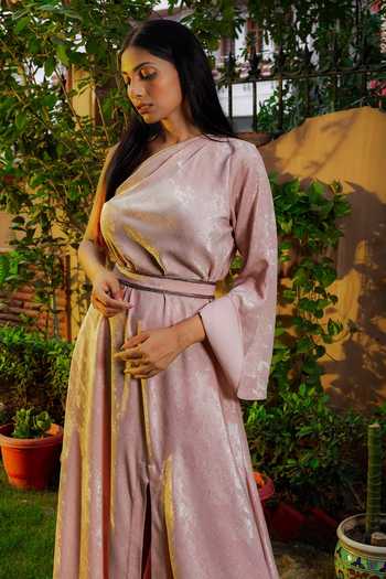 Buy_Omana By Ranjana Bothra_Gold Satin Cut Work One Shoulder Shimmer High Slit Gown _Online_at_Aza_Fashions