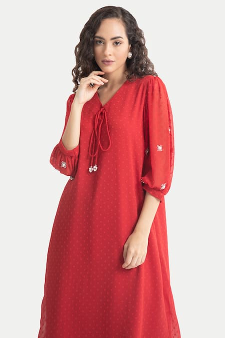 House Of Thl_Red Chiffon Dobby Aari Work V Neck Rosie Maxi Dress _Online_at_Aza_Fashions