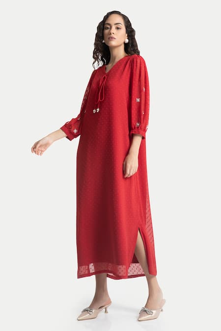 Buy_House Of Thl_Red Chiffon Dobby Aari Work V Neck Rosie Maxi Dress _Online_at_Aza_Fashions