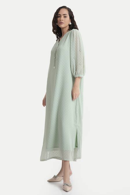 House Of Thl_Green Chiffon Dobby Aari Work V Neck Rosie Embellished Sleeved Dress _Online_at_Aza_Fashions