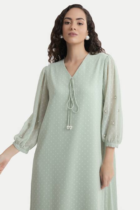 Buy_House Of Thl_Green Chiffon Dobby Aari Work V Neck Rosie Embellished Sleeved Dress _Online_at_Aza_Fashions