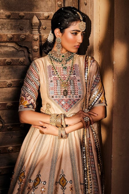 The Royaleum_Beige Anarkali- Upada Silk, Dupatta- Crepe Floral, Gota, Lace, Print With _Online_at_Aza_Fashions