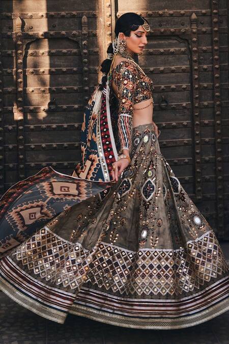 Shop The Royaleum Multi Color Blouse And Lehenga Upada Silk, Dupatta Crepe Print Bridal Set Online at Aza Fashions Shop_The Royaleum_Multi Color Blouse And Lehenga Upada Silk, Dupatta Crepe Print Bridal Set _Online_at_Aza_Fashions