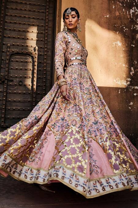 The Royaleum_Peach Anarkali- Upada Silk, Dupatta- Crepe Floral, Gota, Embellished With _Online_at_Aza_Fashions