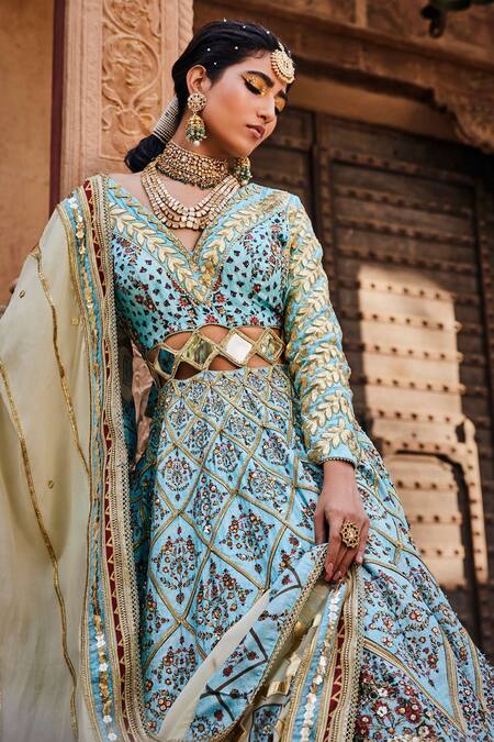 The Royaleum_Blue Anarkali- Upada Silk, Dupatta- Crepe Cutdana, Floral, Embroidered With _Online_at_Aza_Fashions